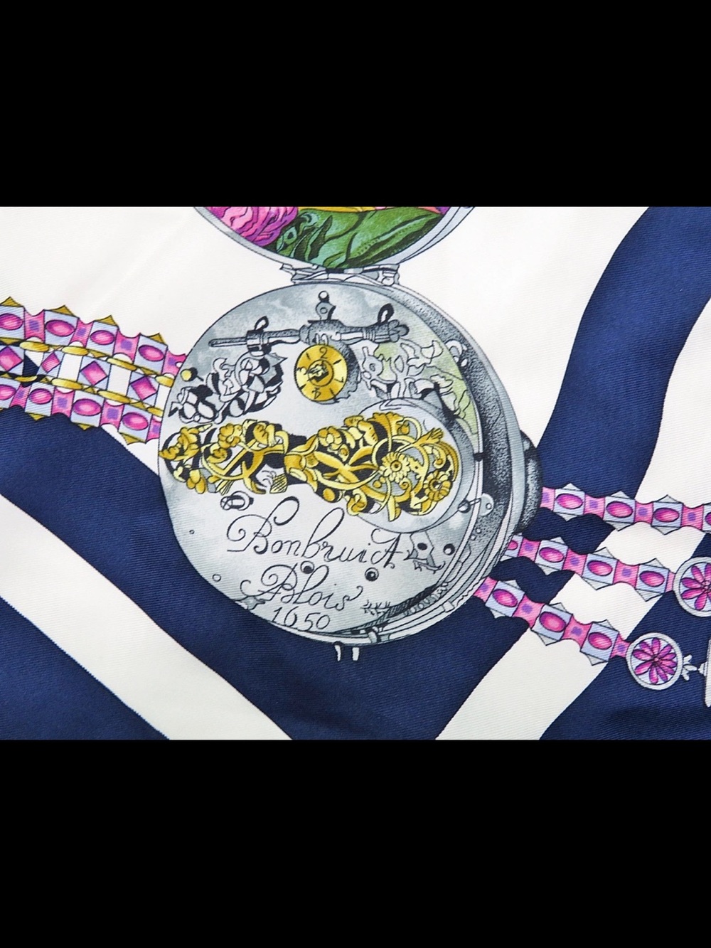 Hermès Navy, Red, Pink & Gold Clock Motif Silk Scarf - Picture 11 of 13